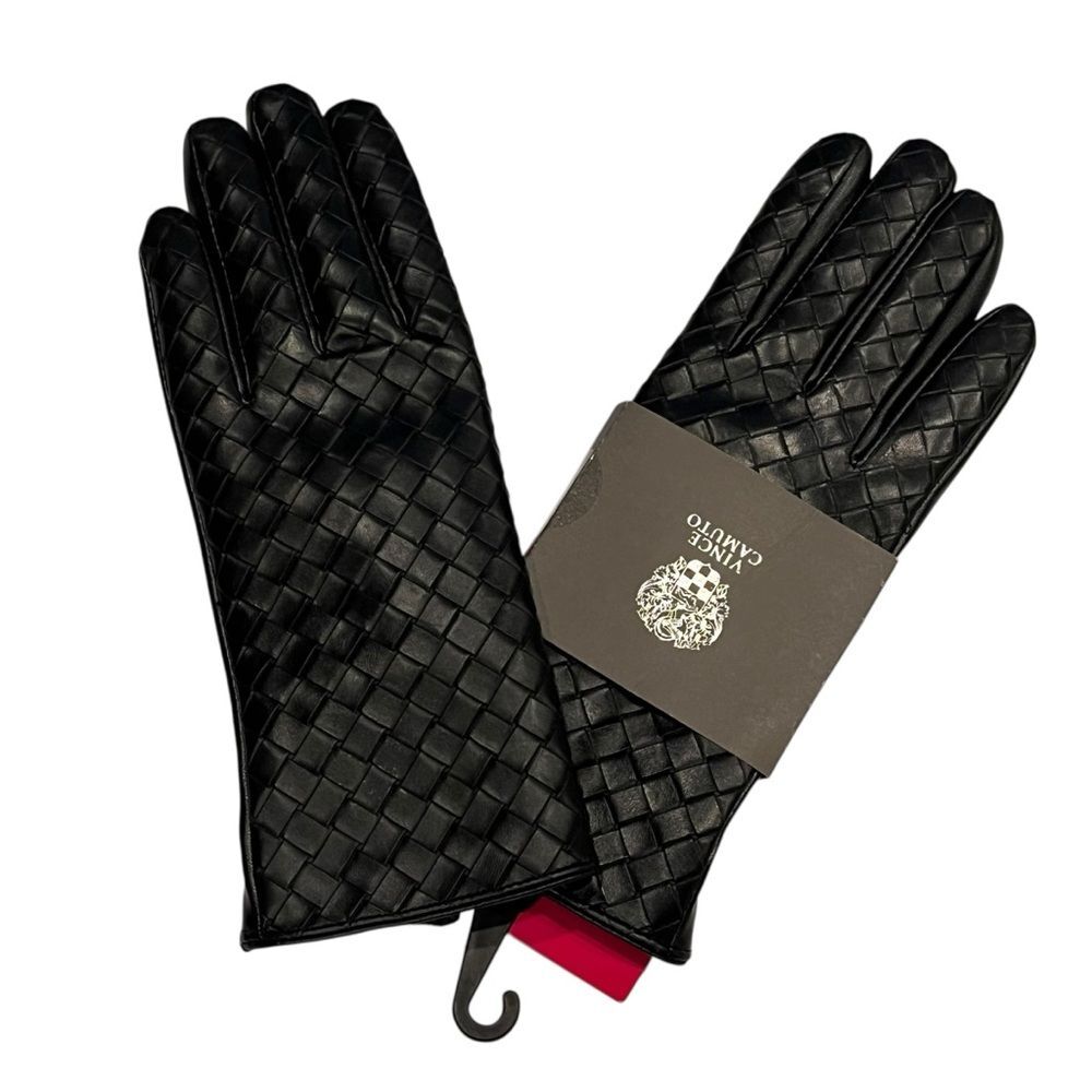 Vince Camuto Black Woven Gloves Faux Leather Fleece Lined Winter Dressy Classic